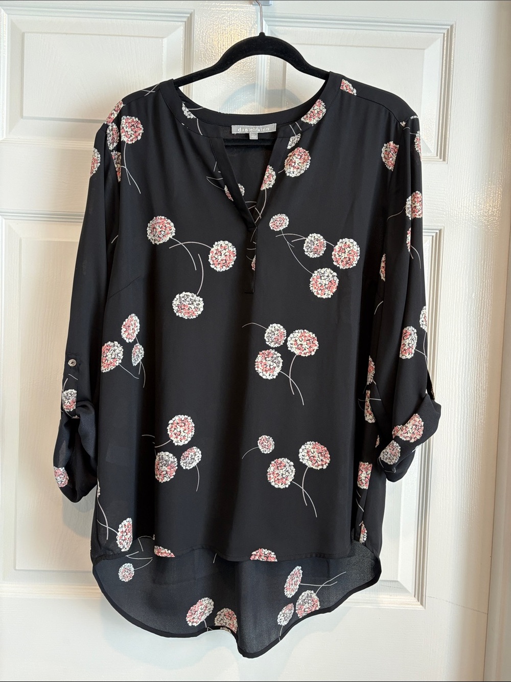 Daniel Rainn Floral Print Black V-Neck Blouse - Lightweight Women's Top